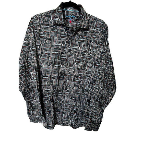 Visconte Black Mens Geo Multi Stretch Cotton Button Up Long Sleeves Shirts Sz S - Picture 1 of 7